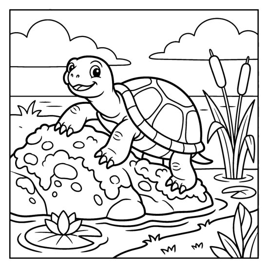 A turtle climbs onto a mossy rock at the water edge with reeds, bold and easy