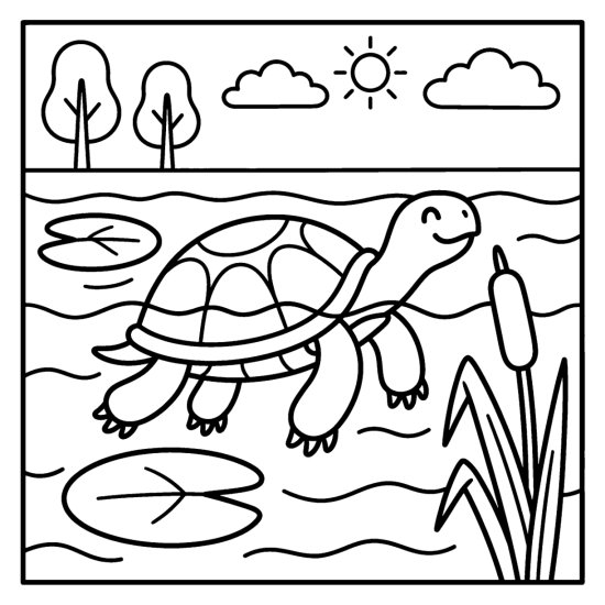 A turtle swims across a calm pond with lily pads and a cattail, coloring page