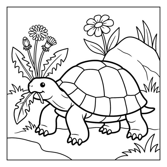 A tortoise nibbles a dandelion in a meadow with flowers and a rock, coloring sheet