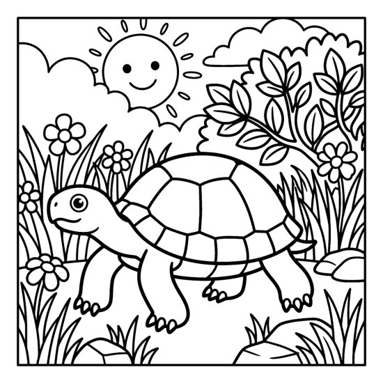 A tortoise walks through tall grass dotted with flowers and a sun, bold and easy