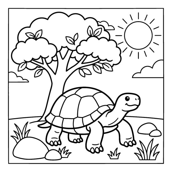 A giant tortoise rests under a leafy tree with rocks and grass, coloring page