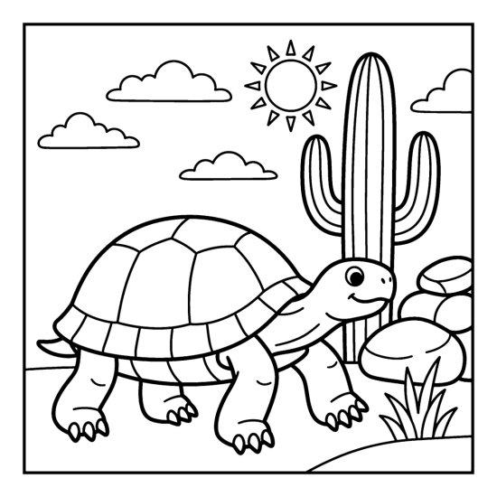 A desert tortoise walks beside a tall cactus and rocks under the sun, coloring sheet