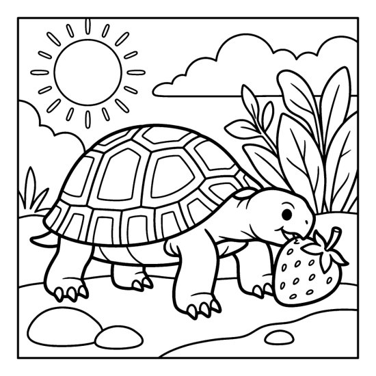 A tortoise nibbles a big strawberry in a garden with leafy plants, bold and easy