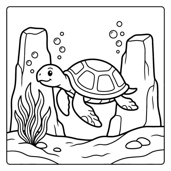 A sea turtle swims between two tall rock pillars with seaweed and bubbles, coloring sheet