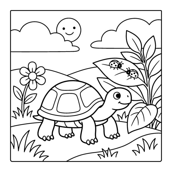 A tortoise rests beside a leafy bush with two ladybugs on a leaf, coloring page