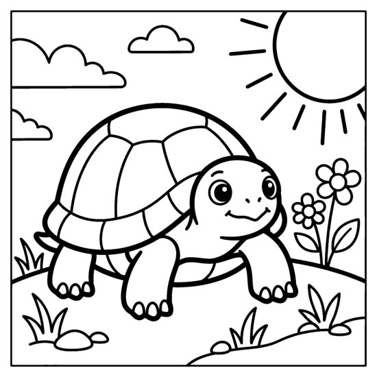 A baby tortoise rests on the grass with simple flowers and a leaf, coloring sheet