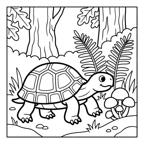 A tortoise walks past round mushrooms on the forest floor with ferns, bold and easy