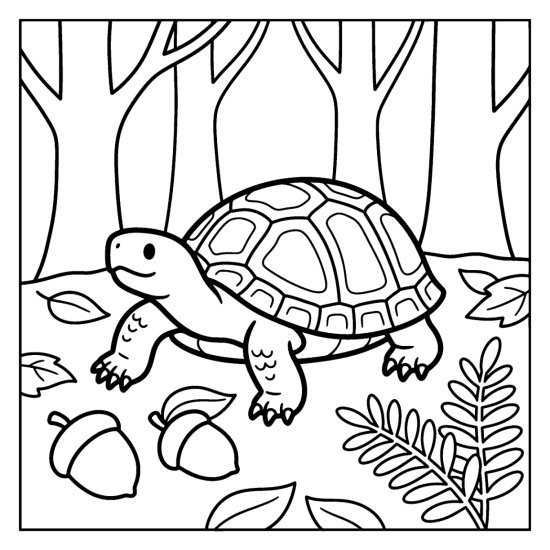 A box turtle with a domed shell sits among fallen leaves and acorns, coloring page