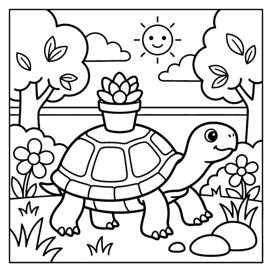 A turtle carries a potted succulent on its shell in a garden, coloring sheet