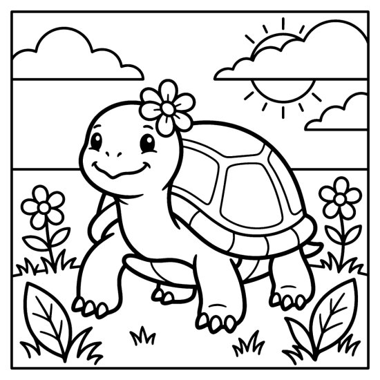 A turtle with a flower on its head sits in the grass with flowers, bold and easy
