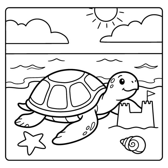 A turtle rests on the beach beside a small sandcastle and starfish, coloring page