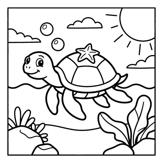 A turtle floats on the water with a small starfish on its shell, coloring sheet