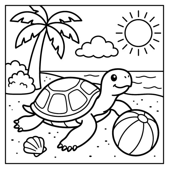 A turtle sunbathes on the beach beside a round beach ball and palm tree, bold and easy