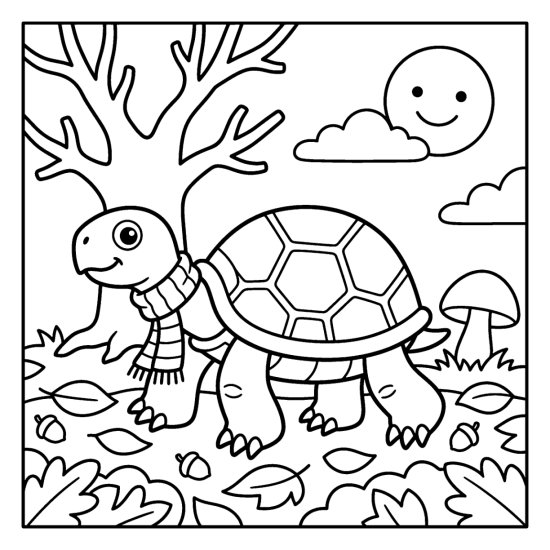 A turtle in a knitted scarf walks through fallen autumn leaves, coloring page