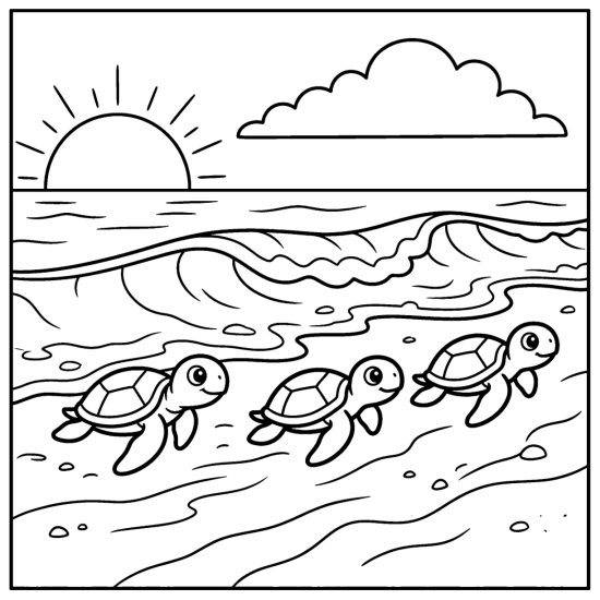Three baby turtles crawl across a beach toward the waves at sunrise, bold and easy