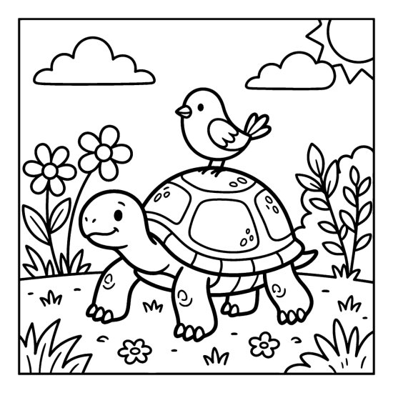 A turtle in a meadow with a small bird perched on its shell, coloring sheet