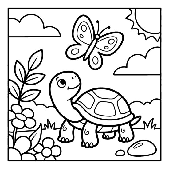 A turtle in a flower meadow gazes up at a large butterfly overhead, bold and easy