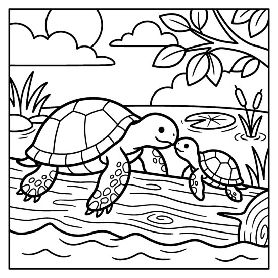 A big turtle and a baby turtle rest nose to nose on a log, coloring page
