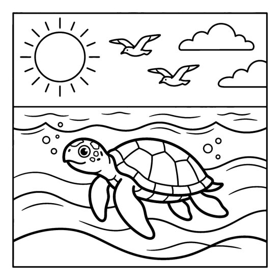 A sea turtle swims near the surface with two seabirds and waves above, coloring sheet