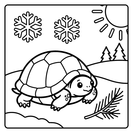 A turtle tucks into its shell on a snowy bank with pines and snowflakes, bold and easy