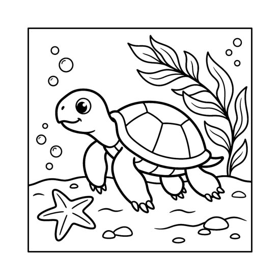 A sea turtle rests on the sandy seabed beside a starfish and seaweed, coloring page