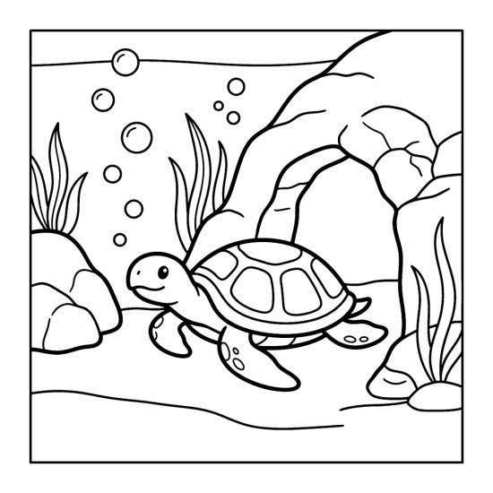 A sea turtle rests at the mouth of a rocky underwater cave with bubbles, coloring sheet
