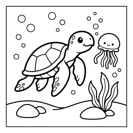 A sea turtle glides beside a small round jellyfish with seaweed and bubbles, bold and easy
