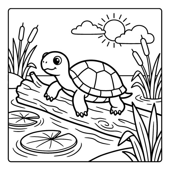 A turtle basks on a fallen log in the sun with lily pads and reeds, coloring page