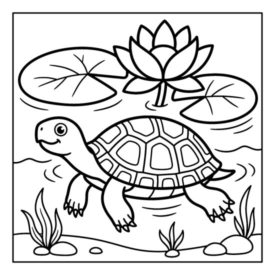 A painted turtle swims under lily pads with a lotus and ripples, coloring sheet