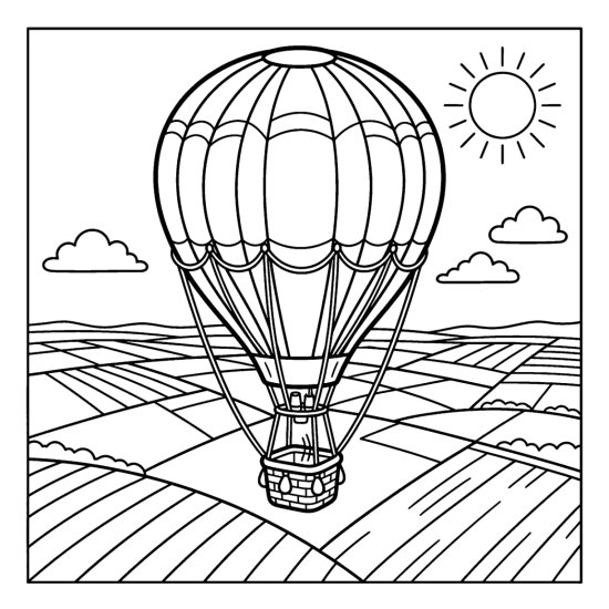 A striped hot air balloon drifts above patchwork fields with a bright sun, coloring page