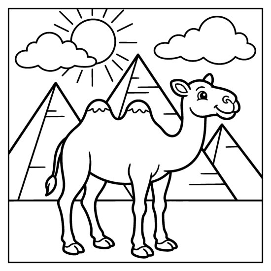 A smiling camel stands before three desert pyramids under a bright sun, coloring page