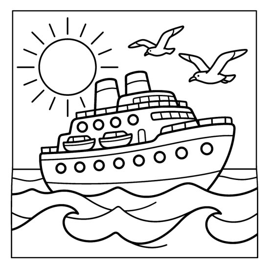A cheerful cruise ship sails past rolling waves as two seagulls fly overhead, coloring sheet