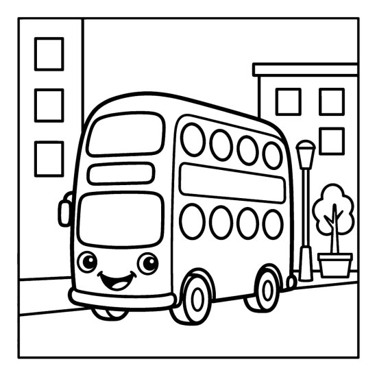 A rounded double decker bus rolls past city buildings and a street lamp, coloring page