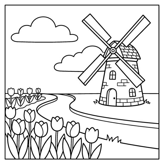 A Dutch windmill stands beside a canal above a row of large tulips, coloring sheet