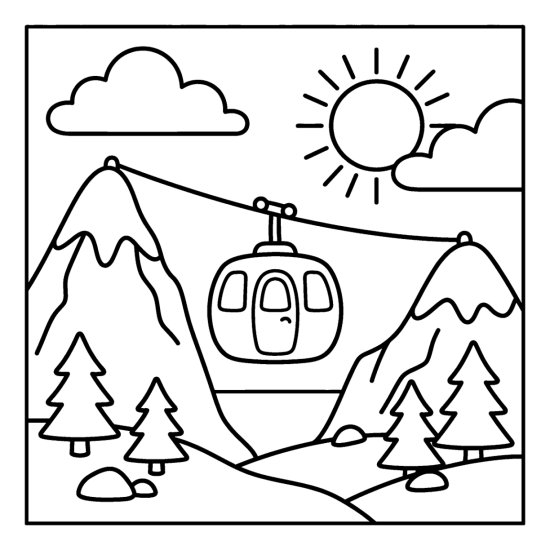 A cable car gondola hangs between two snowy peaks above pine trees, coloring page