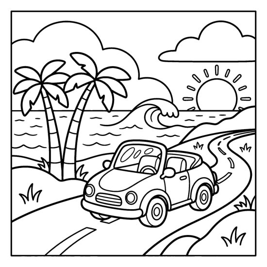 A rounded convertible drives a coastal road past palm trees and a wave, coloring sheet