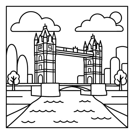 London Tower Bridge with two towers spans the river below drifting clouds, coloring page