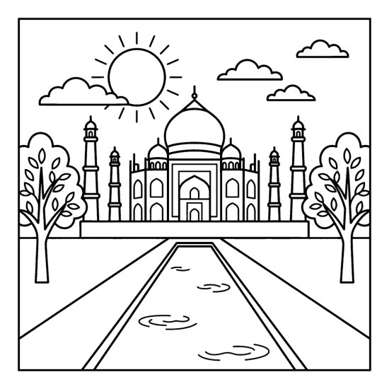 The Taj Mahal with a domed roof reflects in a long pool between two trees, coloring sheet