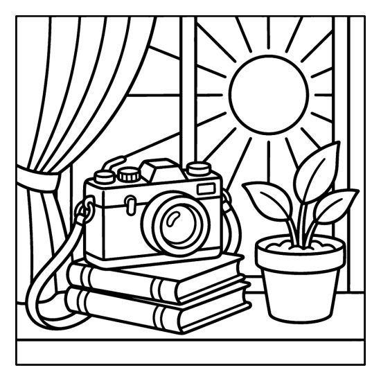 A vintage camera rests on a stack of books beside a potted plant on a sill, coloring page
