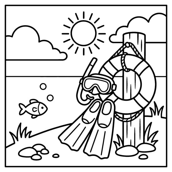 Snorkel gear and a life ring lean on a dock post as a little fish swims by, coloring sheet