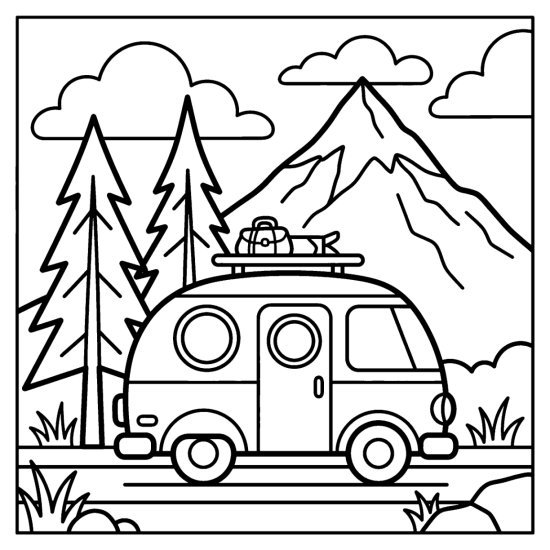 A rounded camper van rests below pine trees and a tall mountain peak, coloring sheet