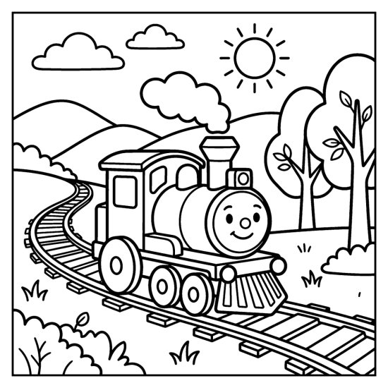 A cheerful steam train puffs along curving tracks through rolling hills, coloring page