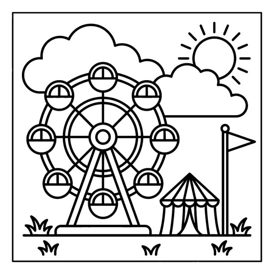 A round Ferris wheel turns beside a striped tent and a flag at a fairground, coloring sheet