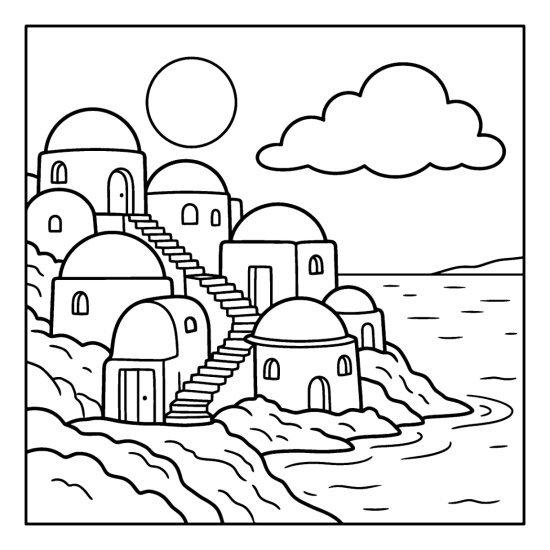 White domed buildings stack up a hillside above calm water and a low sun, coloring page