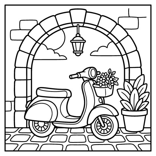 A rounded scooter with a flower basket parks under a stone archway on cobbles, coloring sheet