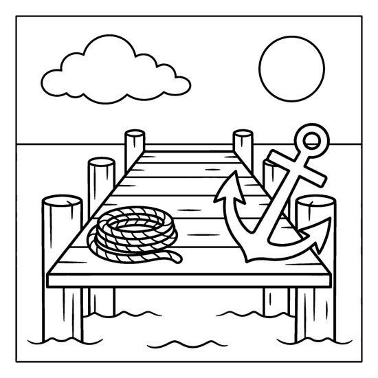 A wooden dock holds a big anchor and a coil of rope above gentle water, coloring page