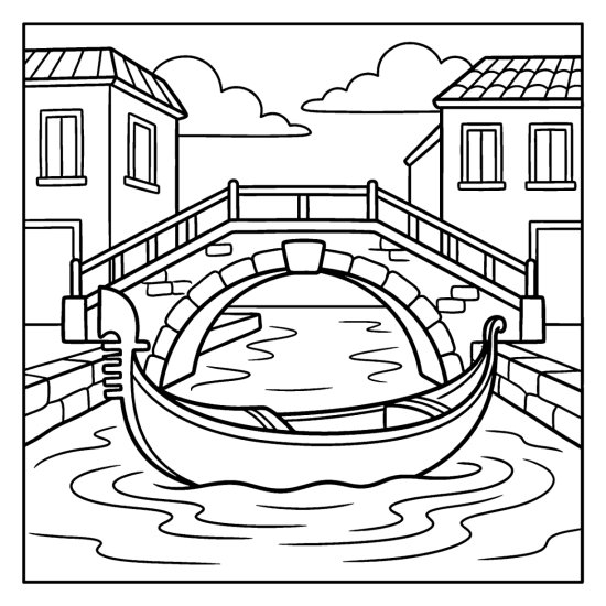 A Venetian gondola floats on a canal beneath a stone bridge between buildings, coloring sheet