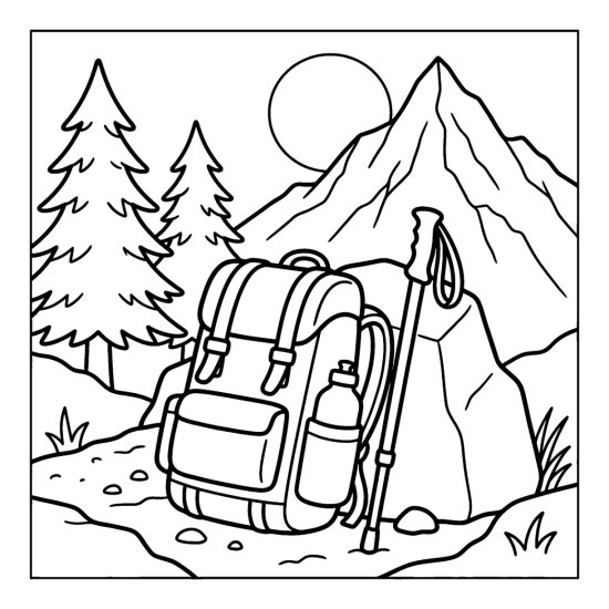 A hiking backpack, water bottle, and poles lean on a rock on a mountain trail, coloring page