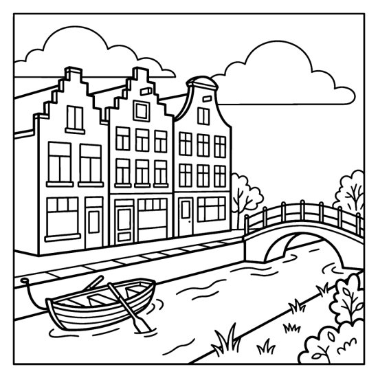 Tall narrow canal houses with stepped roofs line a canal near an arched bridge, coloring sheet