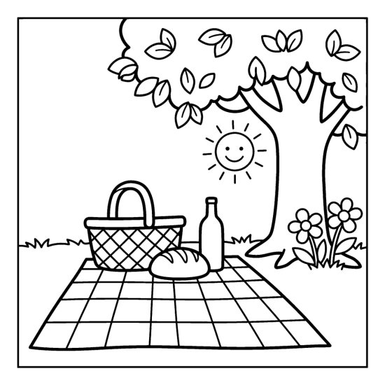 A picnic basket, loaf, and bottle sit on a checkered blanket beneath a leafy tree, coloring page